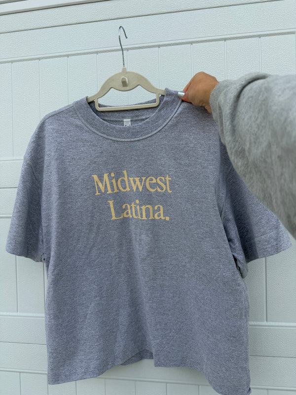 Heather grey with butter yellow logo tee