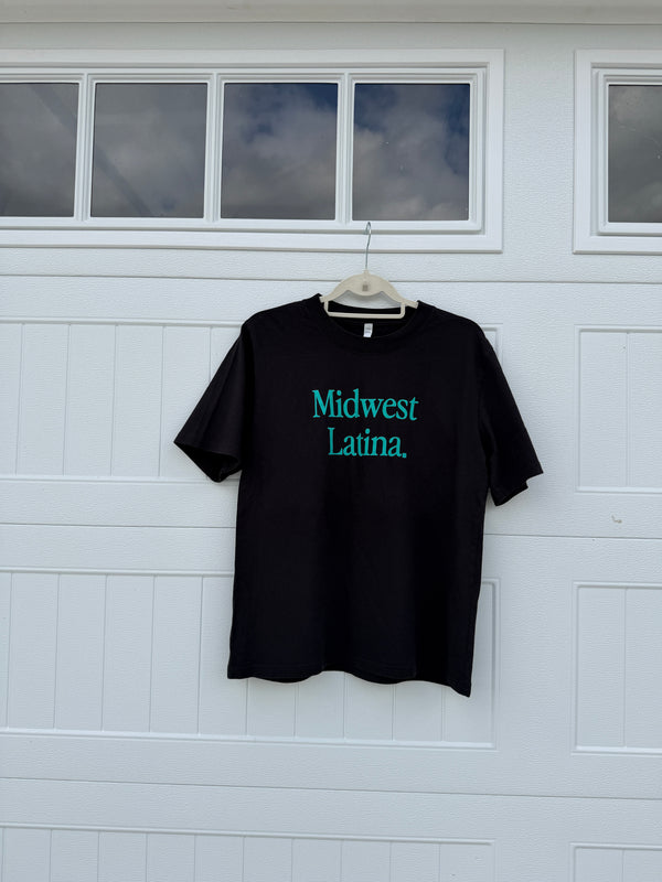 Black and teal logo tee