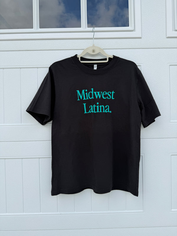 Black and teal logo tee