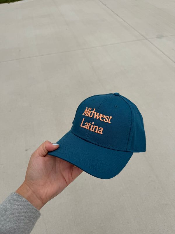 Teal cap with peach logo