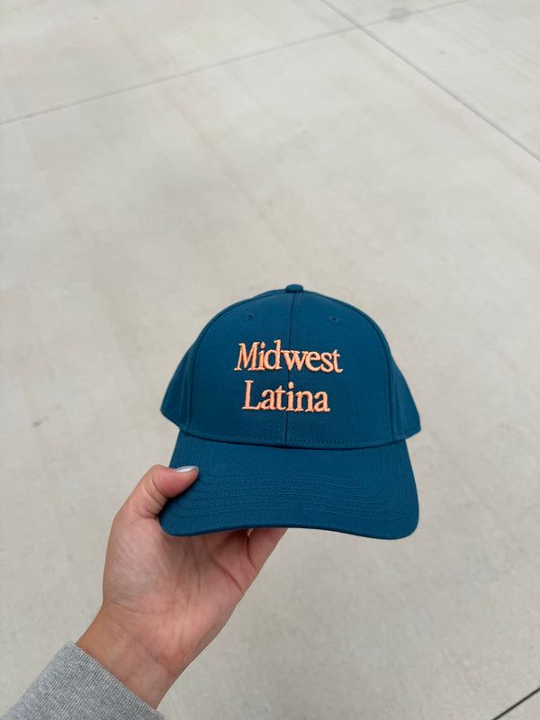 Teal cap with peach logo